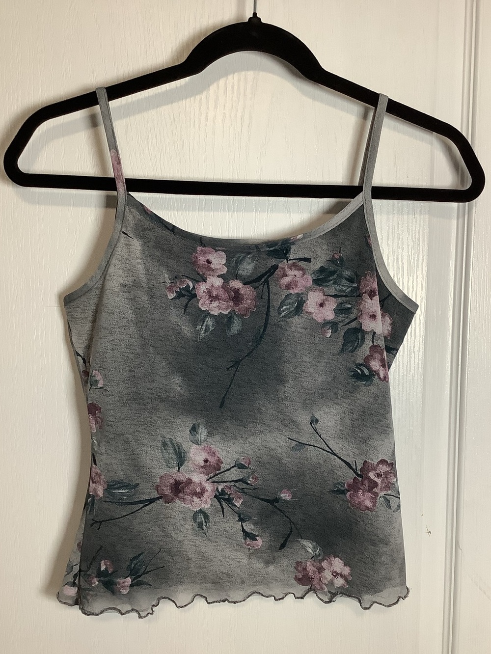 Y2K Mesh Overlay Gray Floral Cami Tank with Pink Accent Flowers